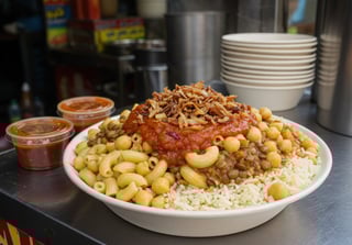 Egyptian koshari with chickpeas and sauce Egyptian koshari with chickpeas and sauce