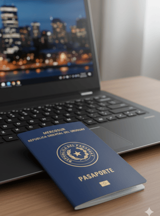 Paraguayan passport beside laptop