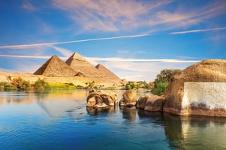 Pyramids of Giza beside the Nile