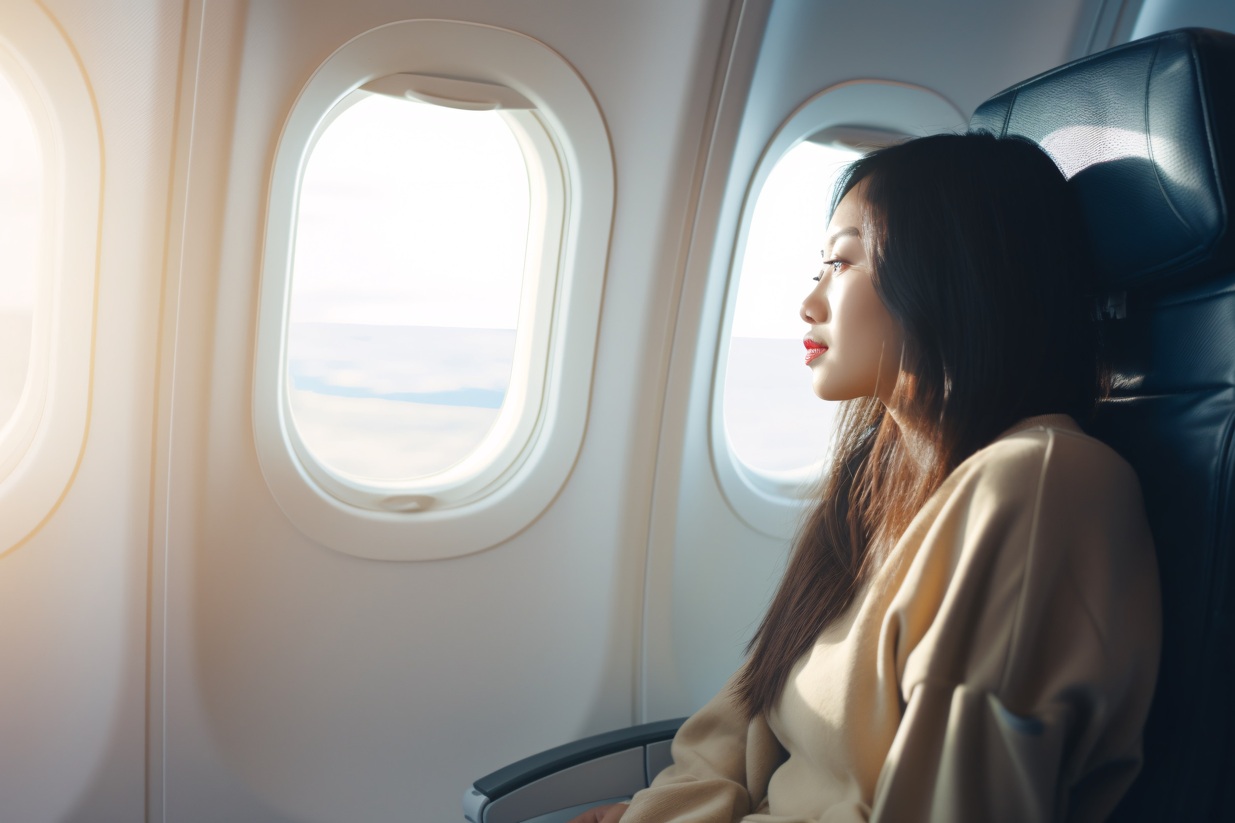 An Asian Lady Seated On An Airplane Gazing Out The Window Representing The Idea Of A Holiday
