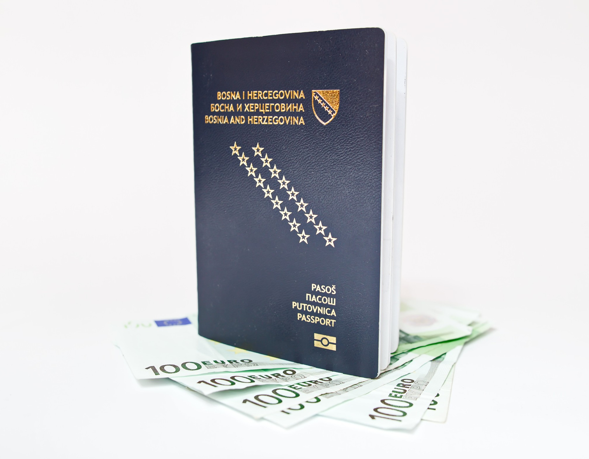Bosnian Passport And Money On White Background