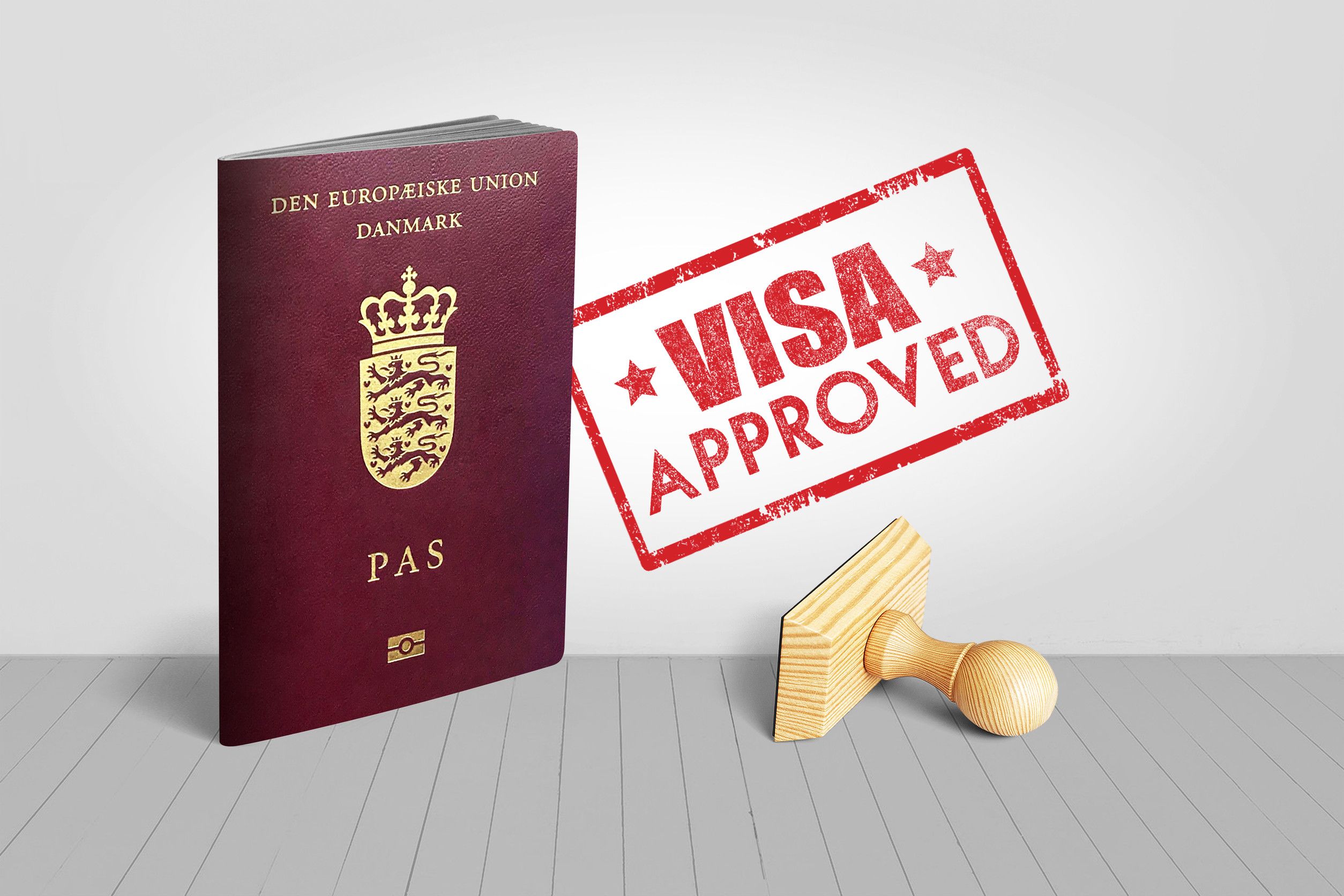 Denmark Passport With Visa Approved Wooden Stamp For Travel