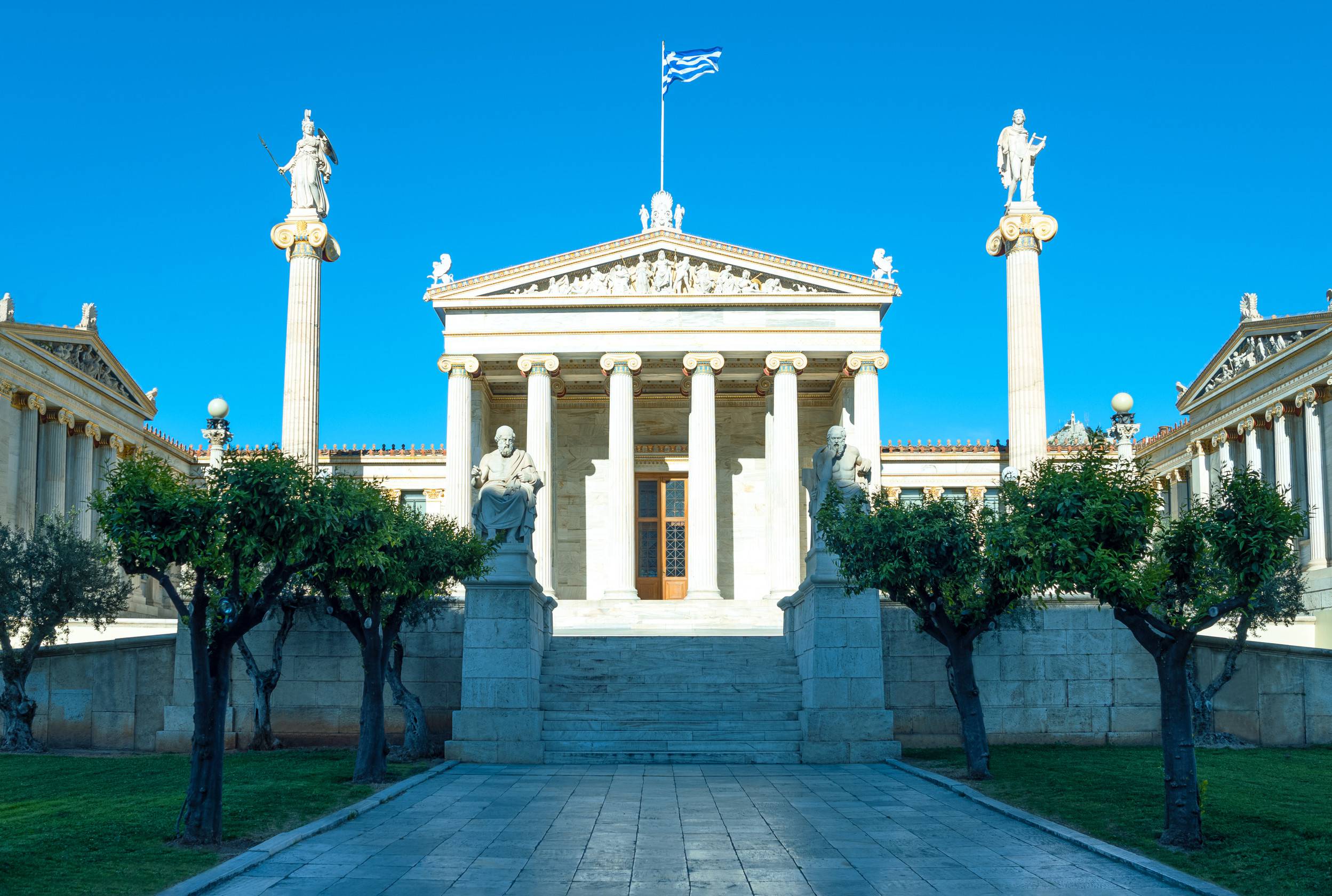 https egypt eta com images greece athens the main entrance of the academy of athens with statues of greek philosophers