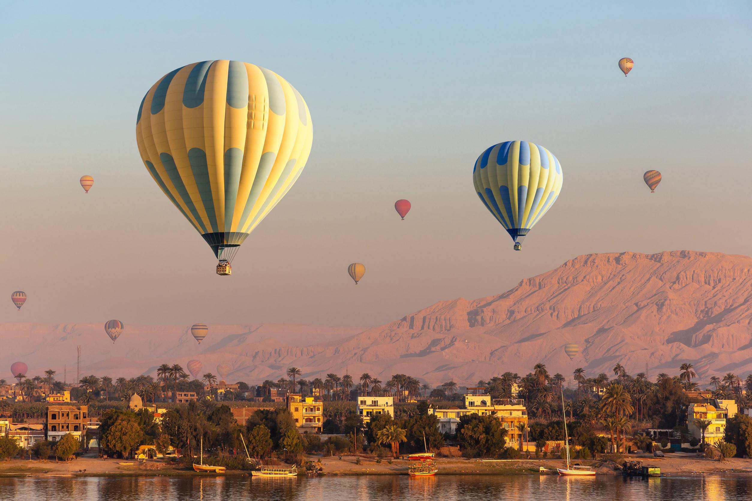 Hot Air Balloons Floating Atop Luxor In Egypt