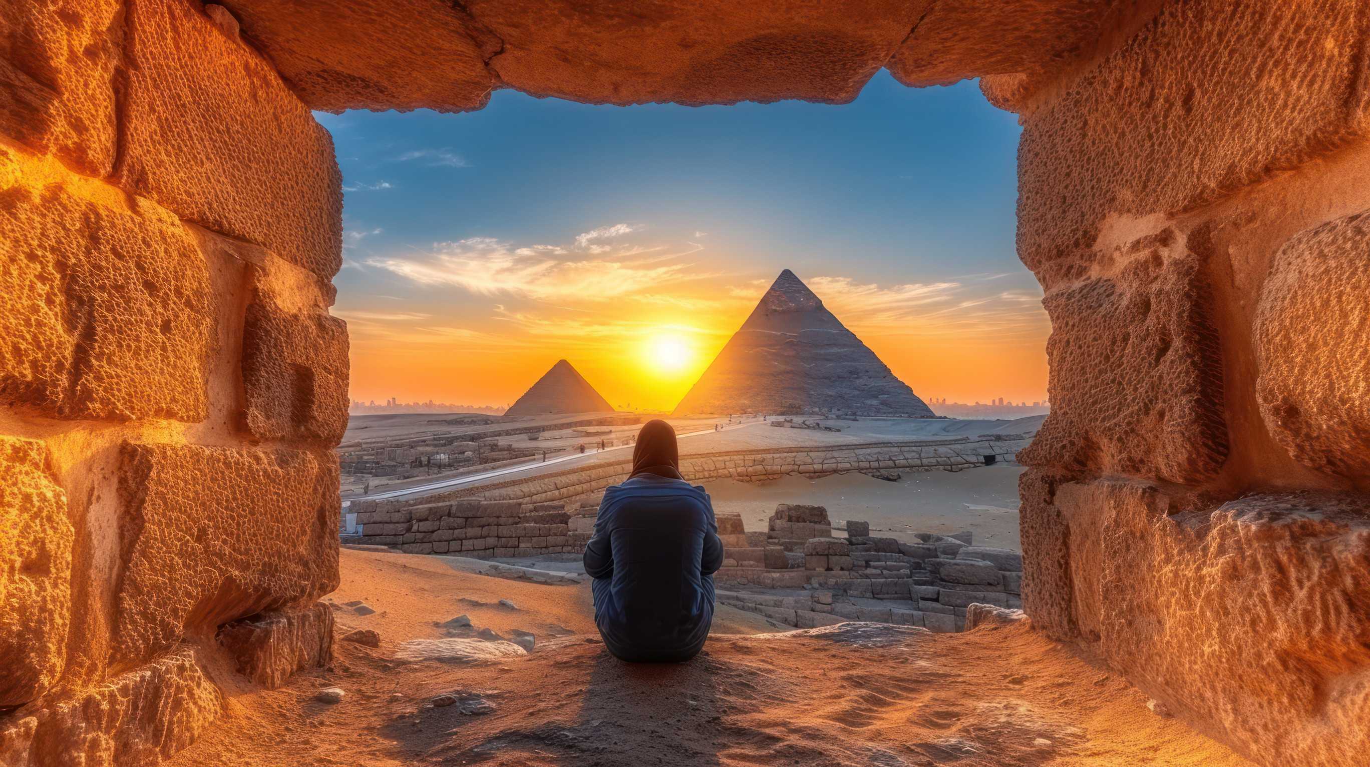 Person watching pyramids at sunset