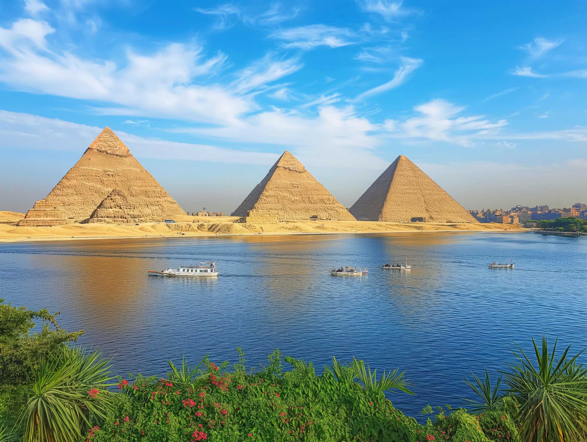 Pyramids of Giza with Nile