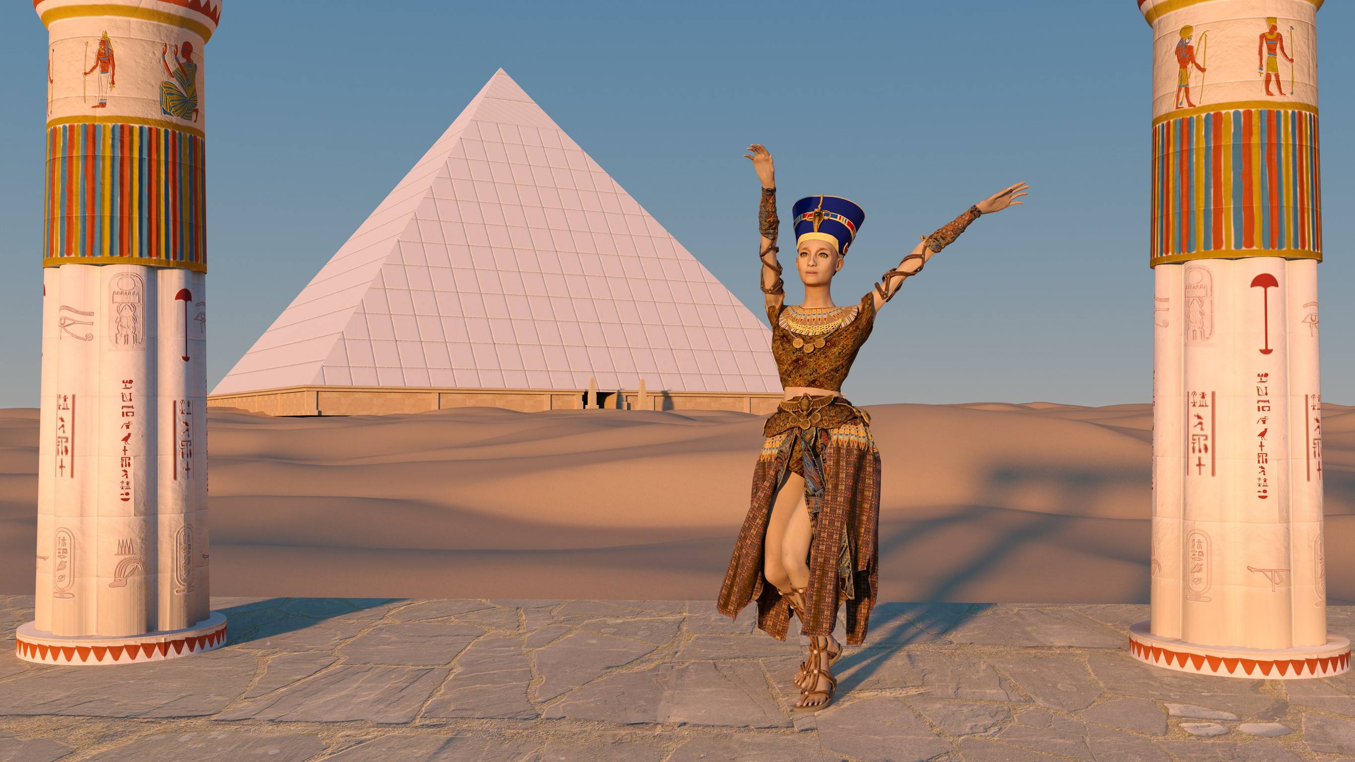 Queen Nefertiti Dancing In Front Of The Great Pyramid Of Giza And A View Of The Desert In The
