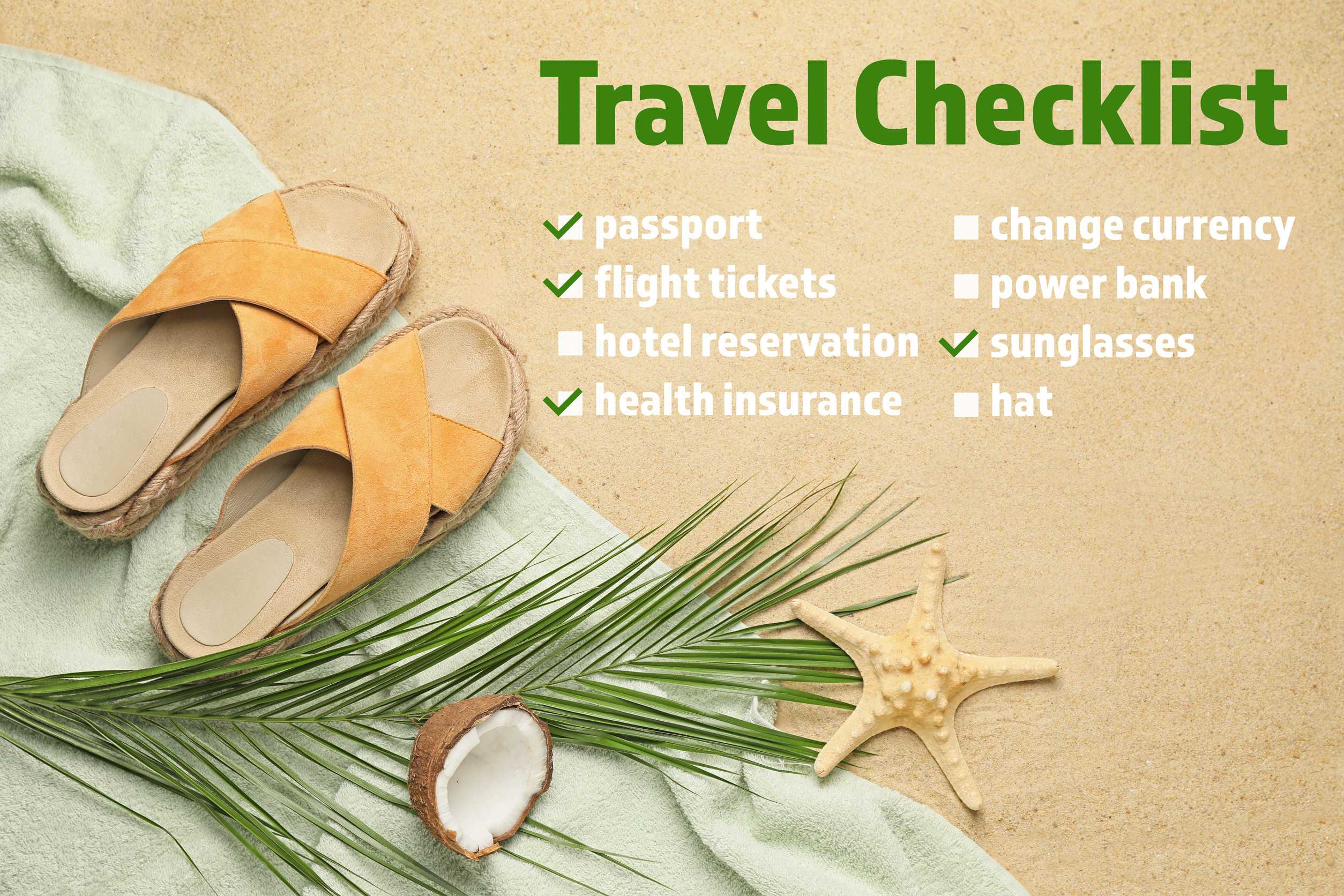Summer Composition With Checklist Of Things To Do Before Traveling On Beach Sand