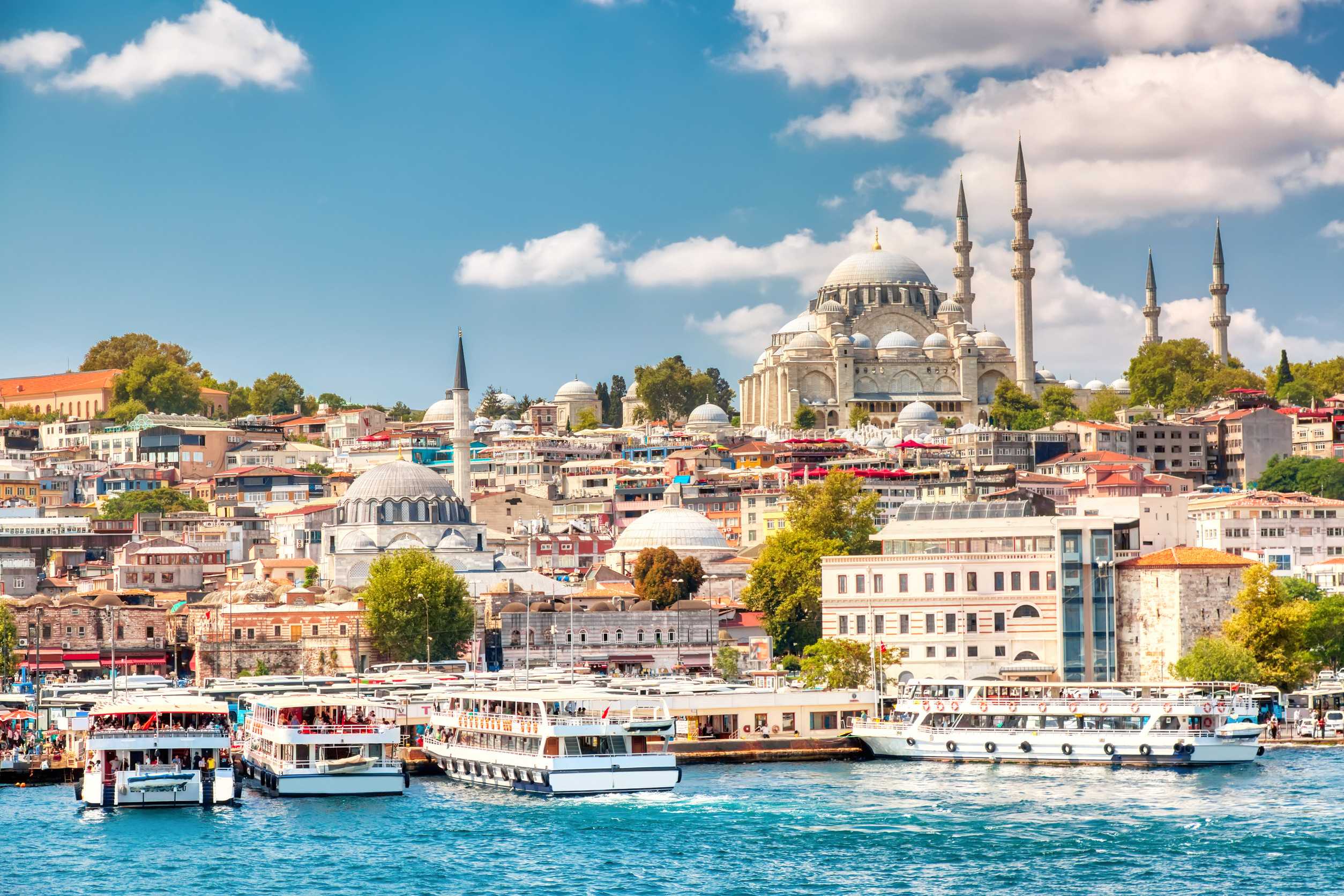Touristic Sightseeing Ships In Golden Horn Bay Of Istanbul