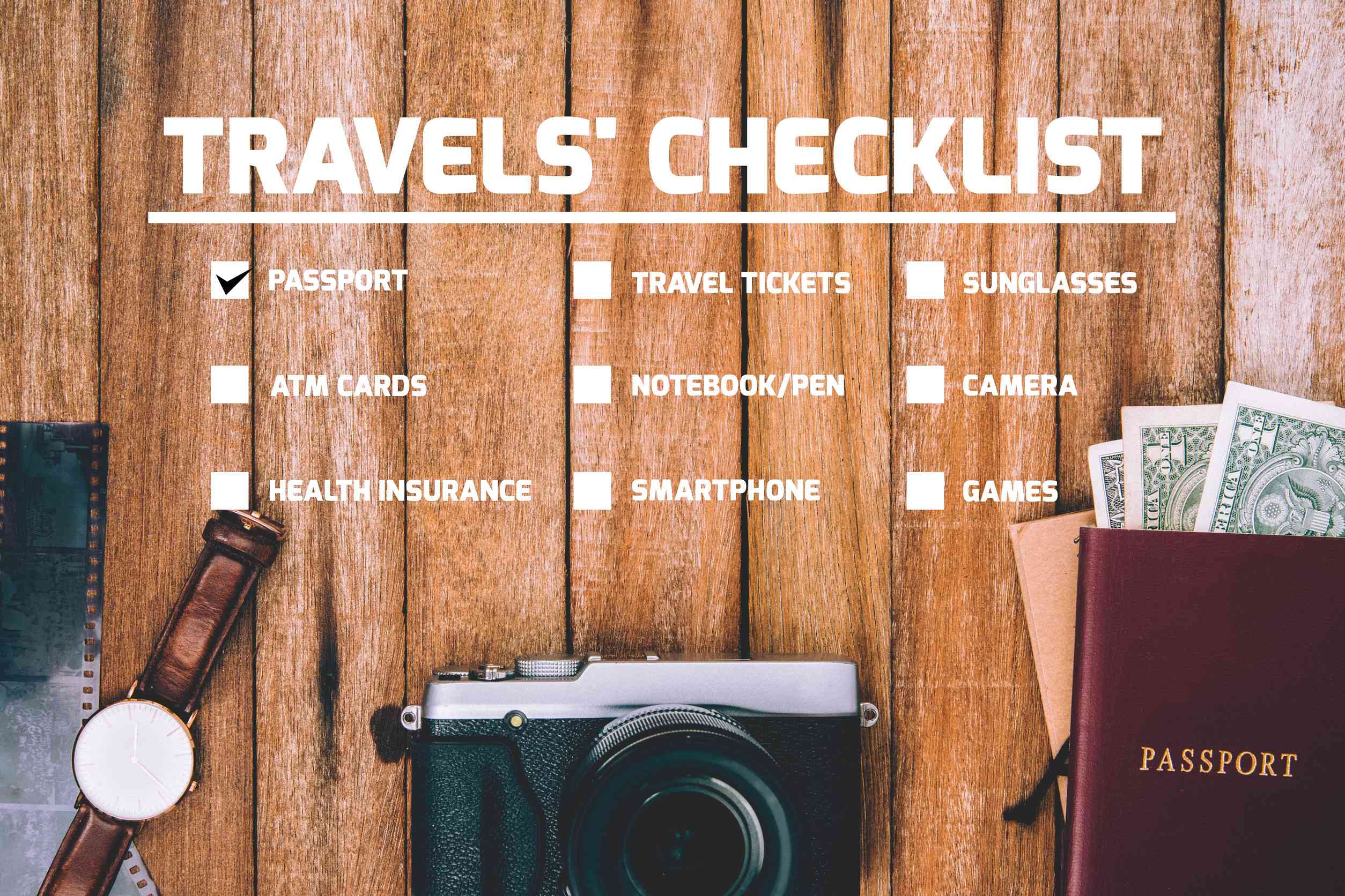 Travel Checklist For Preparing For A Trip Mobile Phone Money Passport Camera Pencil