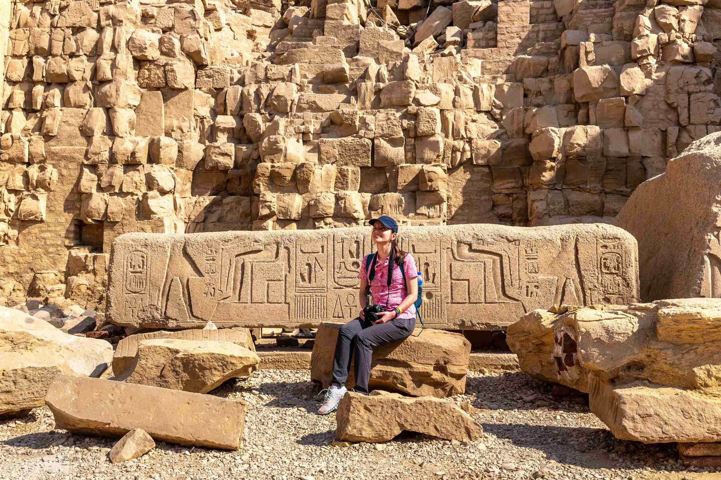 Woman Tourist At Karnak Temple In A Sunny Day Luxor Egypt